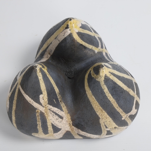 66 - DEANA MOORE, British, hand-built coiled and slab tripod, raku fired with yellow and white crackle gl... 