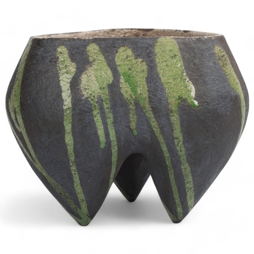 67 - DEANA MOORE, British, hand-built coiled and slab tripod vessel, raku fired with green and white crac... 