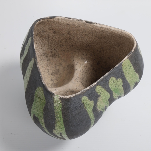 67 - DEANA MOORE, British, hand-built coiled and slab tripod vessel, raku fired with green and white crac... 