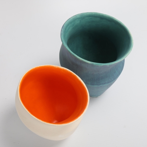 70 - DEANA MOORE, British, pair of hand-coiled vessels with contrasting exterior and interior glazed, blu... 