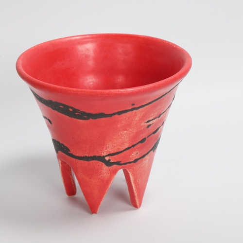 73 - DEANA MOORE, British, 3 hand thrown pots with slab base and a coiled red tri-pod vessel, all with tr... 