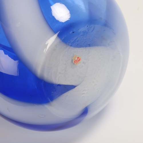 76 - A mid-20th century large blue and white swirl glass vase, partial label to base, height 50cm