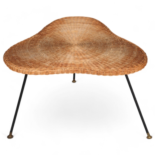 78 - A mid-century wicker coffee table, with amoeba shape top on iron legs, height 48cm, length 78cm