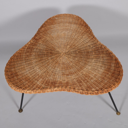 78 - A mid-century wicker coffee table, with amoeba shape top on iron legs, height 48cm, length 78cm