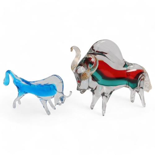 82 - 2 Murano glass Bulls, larger bull with coloured sommerso interior and gold leaf horns and tail, tall... 