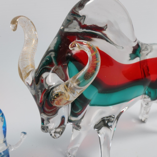 82 - 2 Murano glass Bulls, larger bull with coloured sommerso interior and gold leaf horns and tail, tall... 