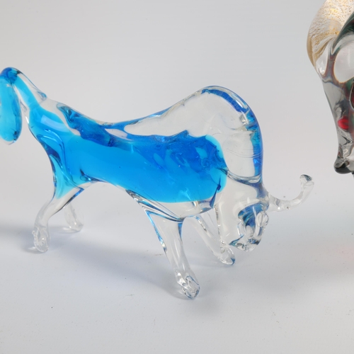 82 - 2 Murano glass Bulls, larger bull with coloured sommerso interior and gold leaf horns and tail, tall... 