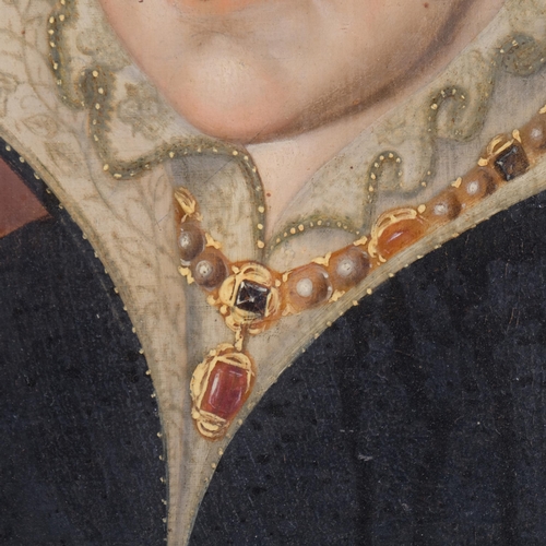 301 - Portrait of Queen Mary I, 17th/18th century oil on oak panel, the subject wearing a jewelled pearl-m... 