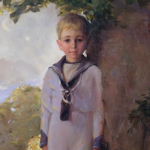 302 - Portrait of a boy wearing a sailor suit, early 20th century English School, oil on canvas, indistinc... 