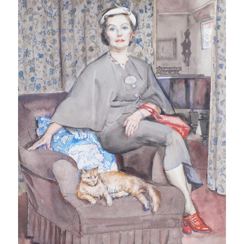 305 - Russell Sidney Reeve (1895 - 1970), portrait of the artist's wife and cat, watercolour, 1953, 52cm x... 