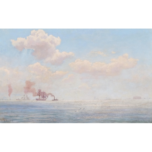 308 - William H Snape (1862 - 1904), shipping off Spithead, oil on canvas, 1891, 35cm x 56cm, framed