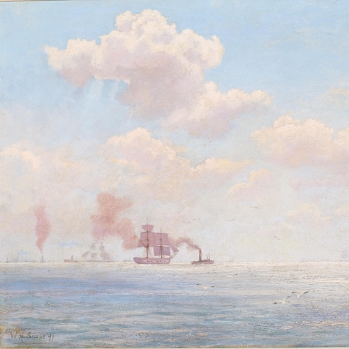 308 - William H Snape (1862 - 1904), shipping off Spithead, oil on canvas, 1891, 35cm x 56cm, framed