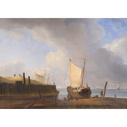 309 - Attributed to William Anderson, coastal harbour scene, oil on canvas, 40cm x 53cm, framed