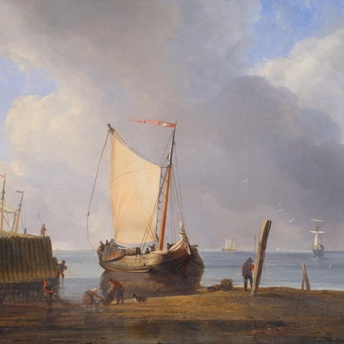 309 - Attributed to William Anderson, coastal harbour scene, oil on canvas, 40cm x 53cm, framed