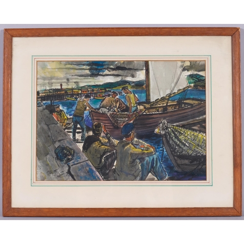 310 - French fishing harbour scene, mid-20th century watercolour, indistinctly signed and dated 1956, 26cm... 