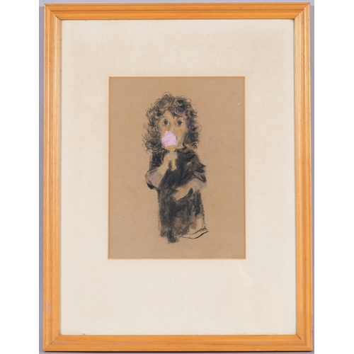 312 - James Fitton, RA (1899 - 1982), girl with a cornet, 1975, crayon/pastel on brown paper, 26cm x 19cm,... 