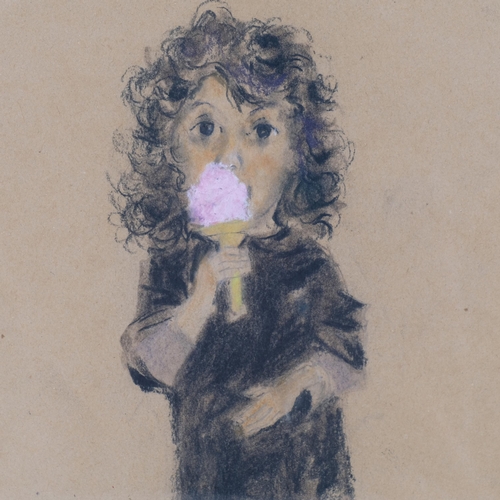 312 - James Fitton, RA (1899 - 1982), girl with a cornet, 1975, crayon/pastel on brown paper, 26cm x 19cm,... 