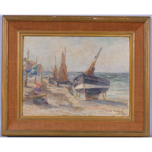 326 - James Patrick, Moored Fishing Boats, 1923, oil on board, 30cm x 40cm, framed