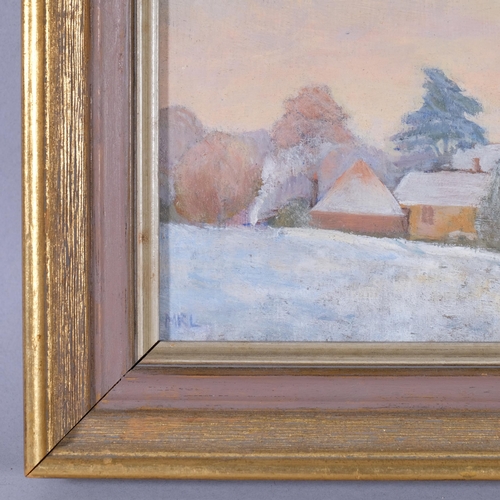 327 - Mary Lawrence, Winter Evening, oil on board, 14cm x 19cm, framed