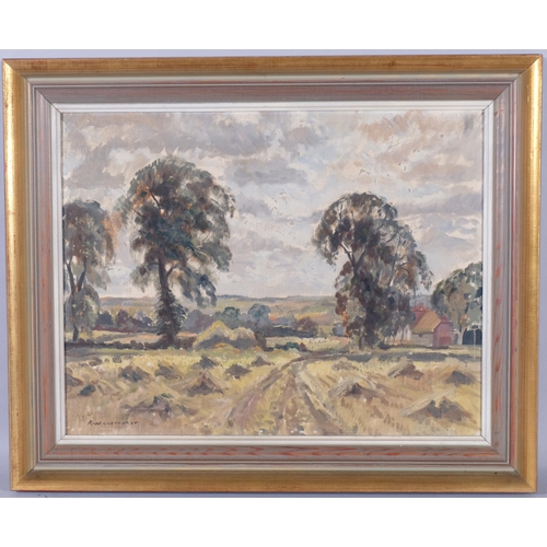 334 - R W Luckhurst, harvest landscape, oil on board, 46cm x 60cm, framed