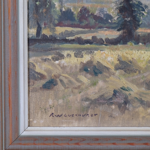 334 - R W Luckhurst, harvest landscape, oil on board, 46cm x 60cm, framed