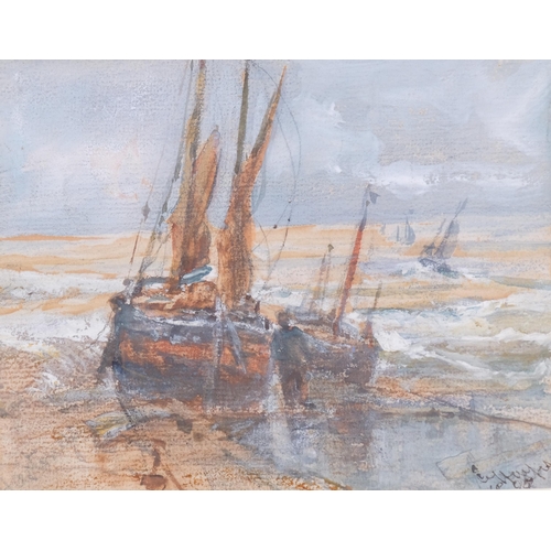 336 - Edwin Hayes (1820 - 1904), Hastings fishing boats, pair of watercolours, 10.5cm x 13cm, modern frame... 