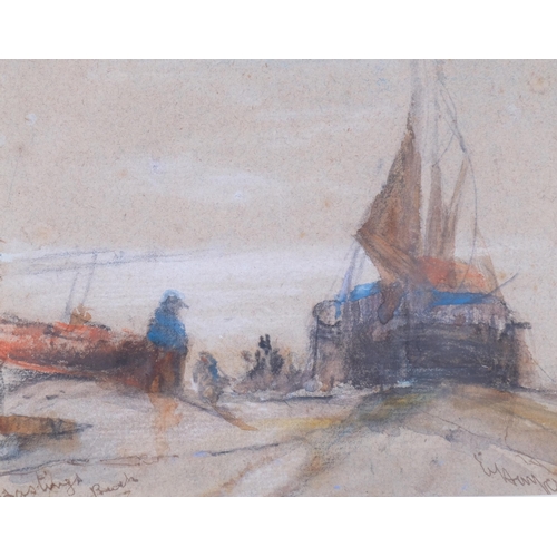 337 - Edwin Hayes (1820 - 1904), Hastings fishing boats, pair of watercolours, 10.5cm x 13cm, modern frame... 