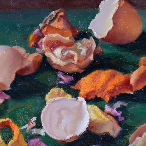 341 - Peter Radmall, Eggshells And Petals, 1996, oil on board, 19cm x 16cm, framed