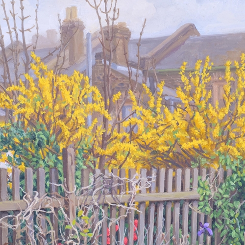 344 - Peter Radmall, Garden Fence, oil on board, 1990, 17cm x 17cm, framed