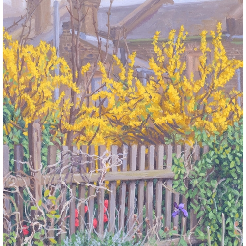 344 - Peter Radmall, Garden Fence, oil on board, 1990, 17cm x 17cm, framed