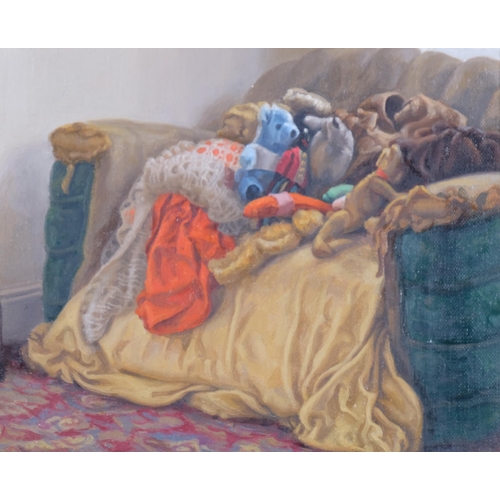 348 - Peter Radmall, Toys On The Sofa, oil on canvas, 1987, 14cm x 19cm, framed