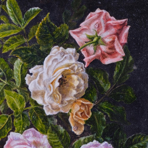 349 - Barbara Valentine, RMS, Roses On A Table, oil on board, 19cm x 14.5cm, framed