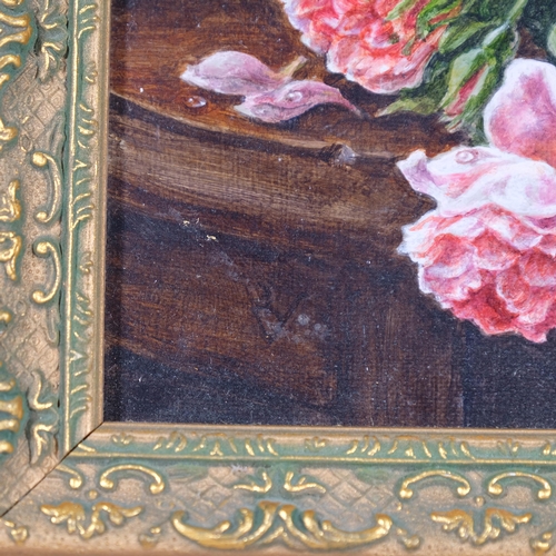 349 - Barbara Valentine, RMS, Roses On A Table, oil on board, 19cm x 14.5cm, framed