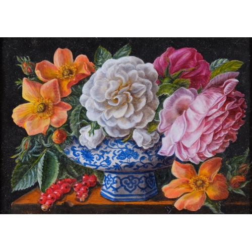 350 - Barbara Valentine, RMS, Roses And Redcurrants, oil on panel, 11cm x 16cm, framed