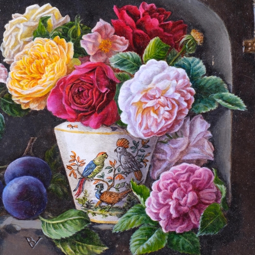 352 - Barbara Valentine, RMS, Roses And Plums, overall frame dimensions 31cm x 36cm