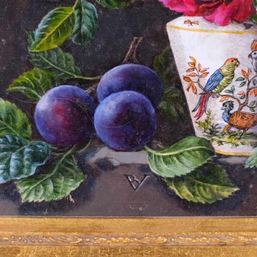 352 - Barbara Valentine, RMS, Roses And Plums, overall frame dimensions 31cm x 36cm