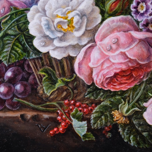 355 - Barbara Valentine, RMS, Flowers On A Stone Ledge, overall frame dimensions 33cm x 38cm