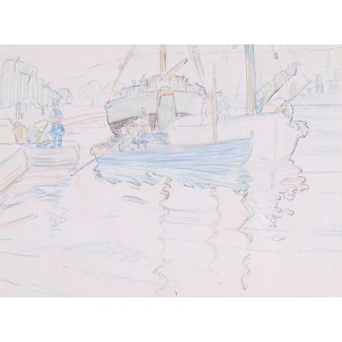 367 - Mary Swanzy, HRHA (1882 - 1978), Boats With Figure, crayon drawing, 18cm x 25cm, framed, provenance:... 