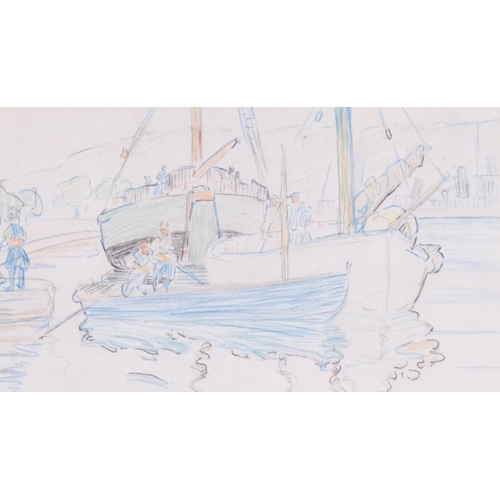 367 - Mary Swanzy, HRHA (1882 - 1978), Boats With Figure, crayon drawing, 18cm x 25cm, framed, provenance:... 