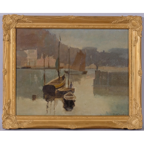 371 - G Clarke, harbour scene, oil on board, 35cm x 44cm, framed