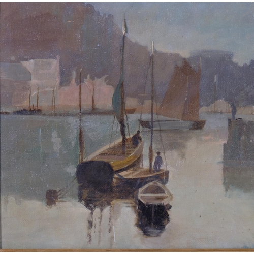 371 - G Clarke, harbour scene, oil on board, 35cm x 44cm, framed