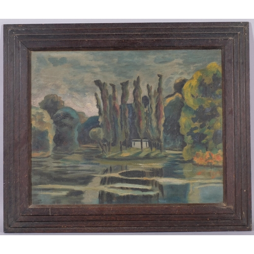 373 - Jean Jaques Rousseau, lake scene, oil on canvas, 40cm x 50cm, framed