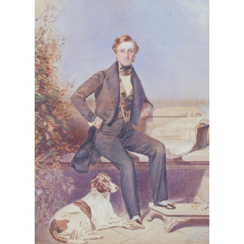 375 - 19th century portrait of a man and his dog, watercolour, unsigned, 51cm x 37cm, framed