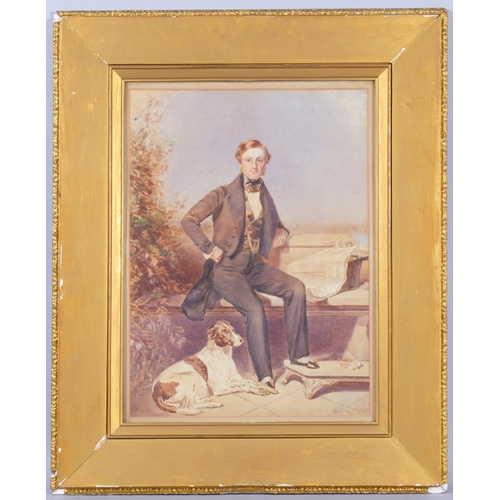 375 - 19th century portrait of a man and his dog, watercolour, unsigned, 51cm x 37cm, framed