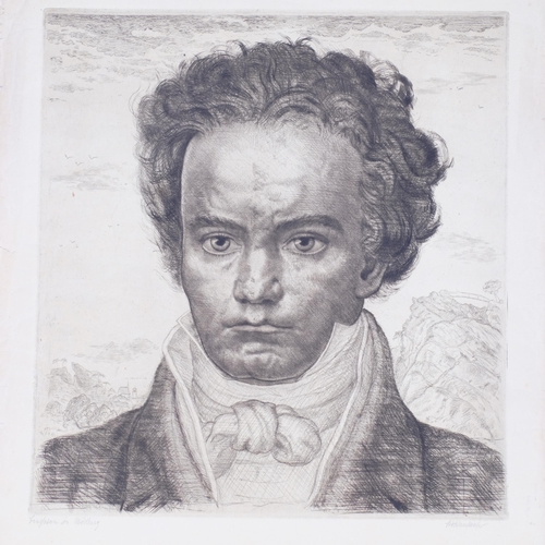 382 - Rudolf Hirschenhauser (1882 - 1951), Beethoven, etching, signed in pencil, plate 31cm x 30cm, togeth... 