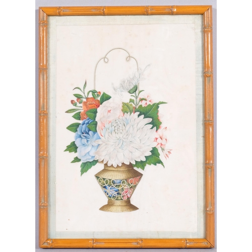 385 - 19th century Chinese watercolour on rice paper, flowers in a basket, image 26cm x 18cm, framed