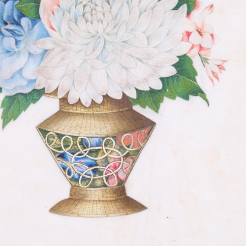 385 - 19th century Chinese watercolour on rice paper, flowers in a basket, image 26cm x 18cm, framed