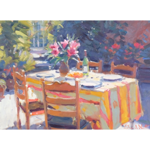 386 - Edward Noott, table for four, oil on board, 30cm x 40cm, framed