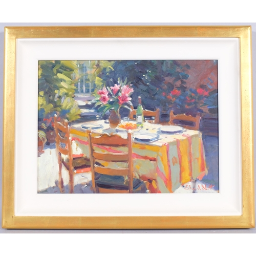 386 - Edward Noott, table for four, oil on board, 30cm x 40cm, framed