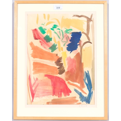 389 - G Flynn, 3 abstract compositions, mixed media watercolour/crayon, 1982, 38cm x 28cm, framed (3)